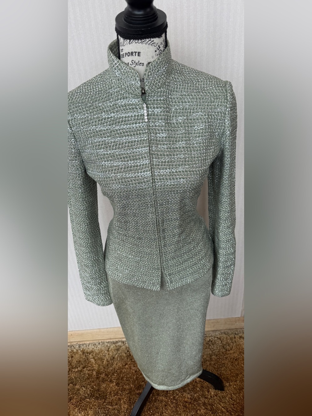 St. John Metallic Sage Green Knit Pencil Skirt Suit
